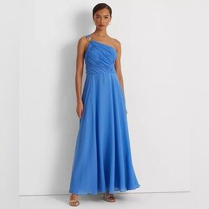 Lauren Ralph Lauren Georgette One Shoulder Gown Blue Ruched Size 16